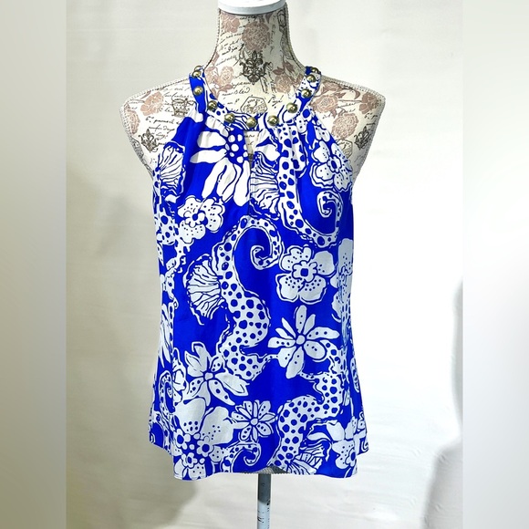 LILLY PULITZER‎ Royal blue Rogan 100% Silk Seahorse print studded top size S. - Picture 1 of 11